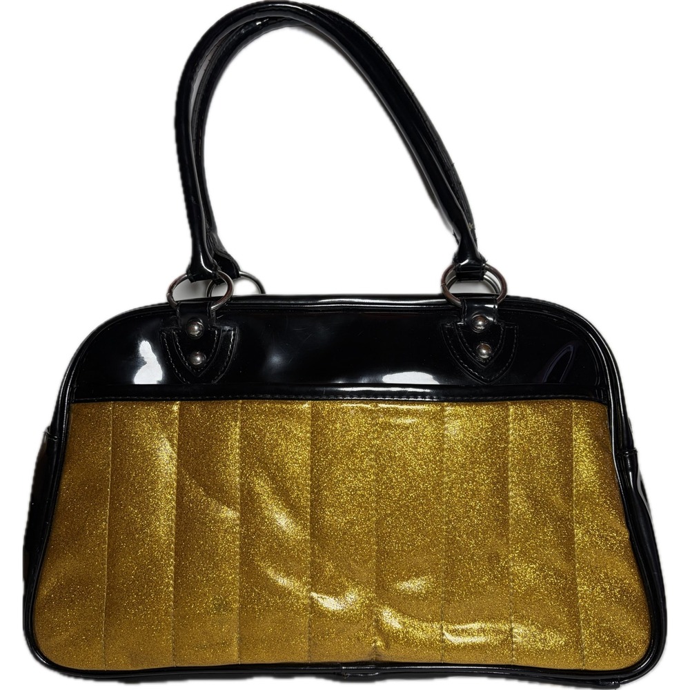 Y2K Lux De Ville Bowler‎ Bag Black Patent Gold Glitter Vinyl Pin Up Rockabilly